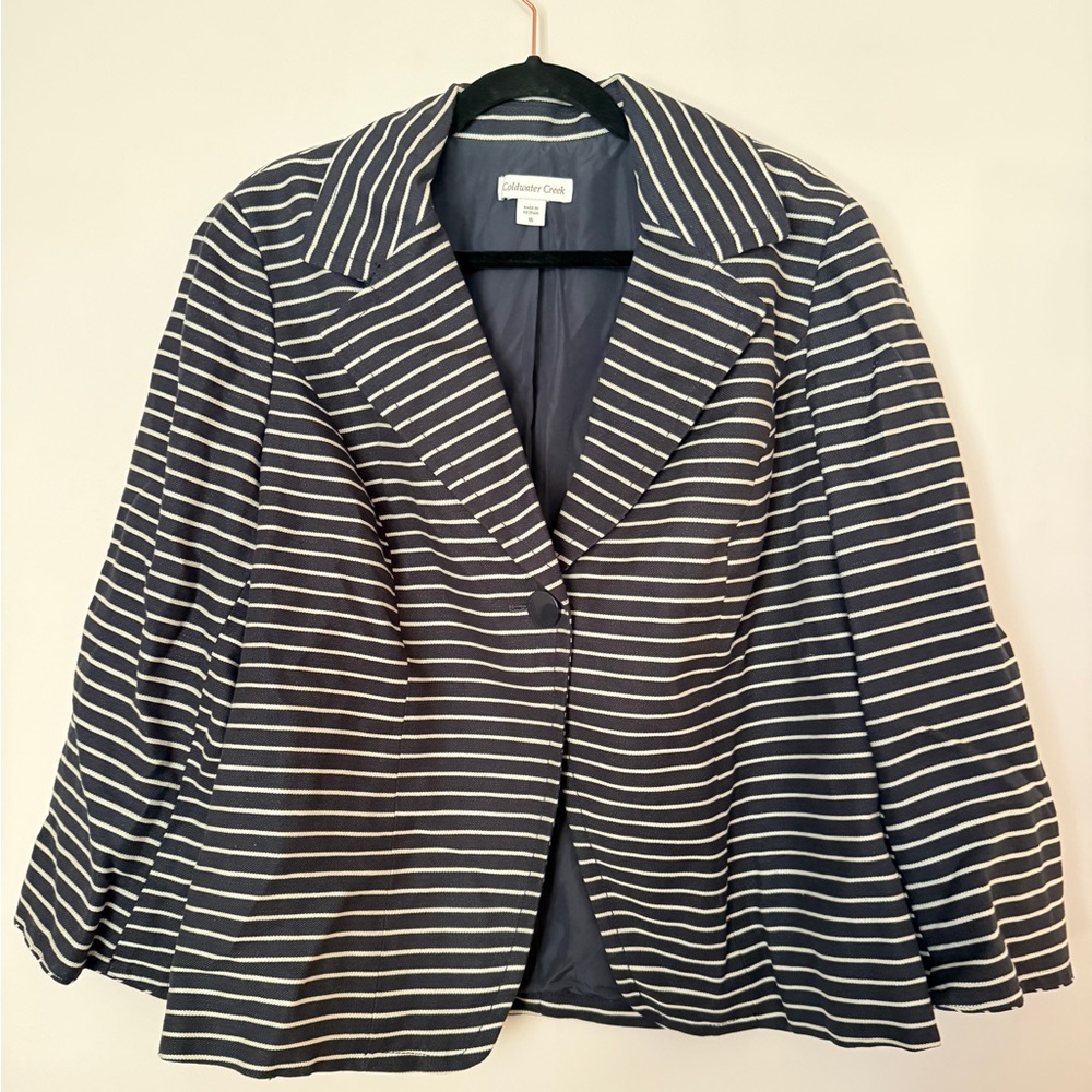 Coldwater Creek 3/4 Sleeve Navy Striped Cotton Linen Blazer Jacket Size 16